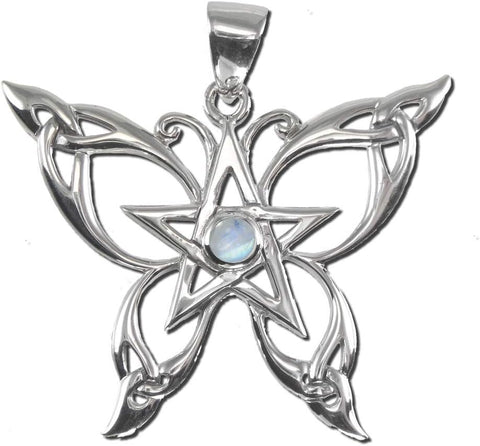 Sterling Silver Butterfly Pentacle Pendant with Natural Rainbow Moonstone