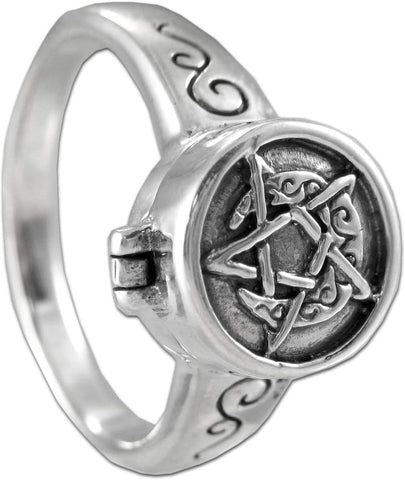 Sterling Silver Crescent Moon Pentacle Pentagram Poison Locket Ring (Size 5-12)