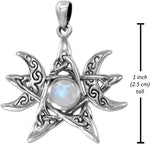 Sterling Silver Moon Phase Pentagram Pendant with Natural Rainbow Moonstone