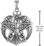 Sterling Silver Large Crescent Raven Pentacle Pentagram Pendant; 1.25 Inch Diameter