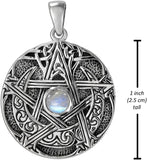 Sterling Silver Moon Goddess Pentacle Pendant with Natural Rainbow Moonstone