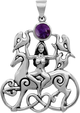 Sterling Silver Celtic Rhiannon Horse Goddess Pendant with Natural Amethyst