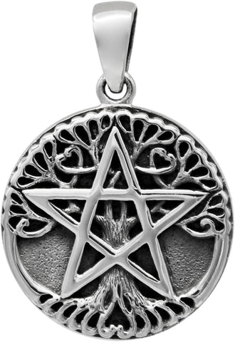 Sterling Silver Small Tree Pentacle Pentagram Pendant; 3/4 Inch Diameter
