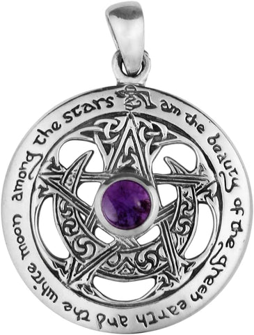 Sterling Silver Cut Out Moon Goddess Pentacle Pendant with Natural Amethyst