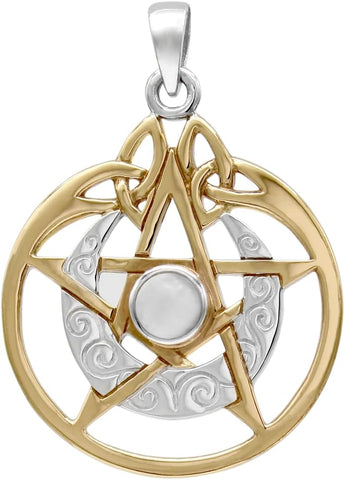 Sterling Silver 14 Carat Gold Plated Crescent Moon Pendant Pentacle with Natural White Moonstone