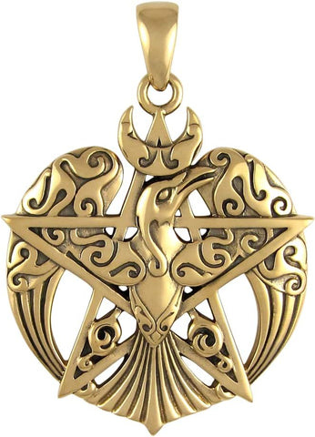 Bronze Large Crescent Raven Pentacle Pentagram Pendant
