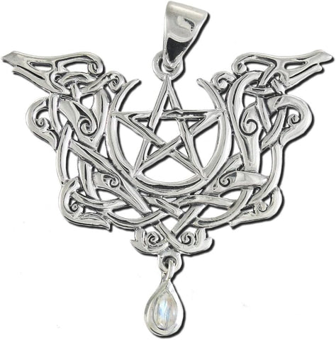 Sterling Silver Dragon Viking Knot Pentacle Pendant with Natural Rainbow Moonstone