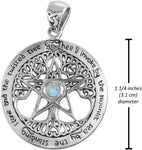 Sterling Silver Large Wiccan Tree Pentacle Pendant with Natural Rainbow Moonstone; 1.25 Inch Diameter