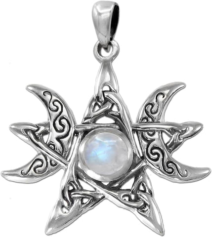 Sterling Silver Moon Phase Pentagram Pendant with Natural Rainbow Moonstone