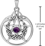 Sterling Silver Crescent Moon Pendant Pentacle with Natural Amethyst