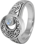 Sterling Silver Crescent Moon Ring with Natural Rainbow Moonstone (sizes 5-12)