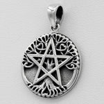 Sterling Silver Small Tree Pentacle Pentagram Pendant; 3/4 Inch Diameter