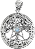 Sterling Silver Large Wiccan Tree Pentacle Pendant with Natural Rainbow Moonstone; 1.25 Inch Diameter