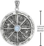 Sterling Silver Wheel of the Year Pendant with Natural Rainbow Moonstone; 1.75 Inch Diameter