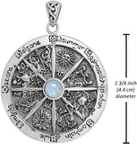 Sterling Silver Wheel of the Year Pendant with Natural Rainbow Moonstone; 1.75 Inch Diameter