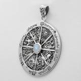 Sterling Silver Wheel of the Year Pendant with Natural Rainbow Moonstone; 1.75 Inch Diameter