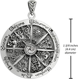 Sterling Silver Pagan Wheel of the Year Sabbat Pendant; 1.75 Inch Diameter