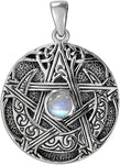 Sterling Silver Moon Goddess Pentacle Pendant with Natural Rainbow Moonstone