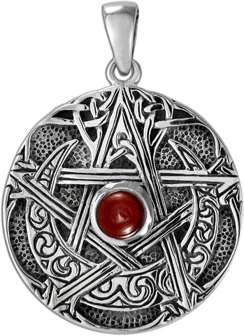 Sterling Silver Moon Goddess Pentacle Pendant with Natural Garnet