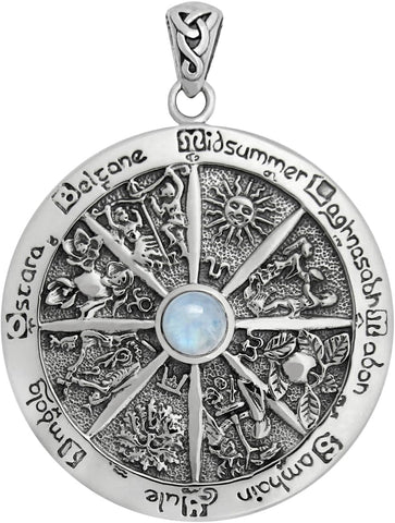 Sterling Silver Wheel of the Year Pendant with Natural Rainbow Moonstone; 1.75 Inch Diameter