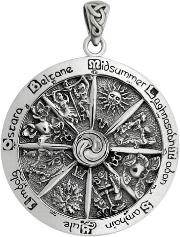 Sterling Silver Pagan Wheel of the Year Sabbat Pendant; 1.75 Inch Diameter