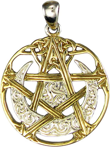 Dryad Design Sterling Silver 14k Gold Plated Cut Out Moon Pentacle Pentagram Pendant