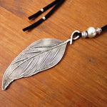 long pendant necklace Bohemian necklace, feather necklace, leaf pendant, bohemian jewelry, leather necklaces