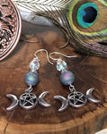 Triple Moon Pentagram Earrings - Pagan Jewelry, Triple Goddess, Wicca, Heathen, Elemental, Full Moon, Moon Jewelry, Moon Earring