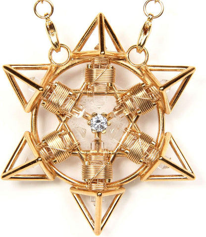 Buddha Maitreya the Christ Crystal Healing Pendant - Shambhala Tetra Star Solar Form in 24K Gold Plate with magnets & gold-fill wire