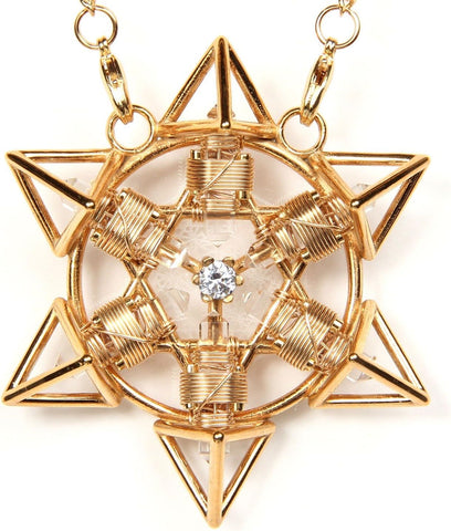 Crystal Healing Pendant - Shambhala Tetra Star Solar Form in 24K Gold Plate with Magnets & Gold-Fill Wire