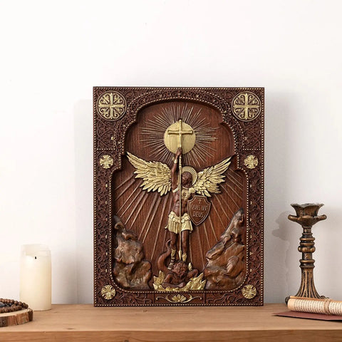 Archangel Michael Square Wooden Icon Guardian Angel Statue, Religious Home Church Wall Decor, Christian Artwork