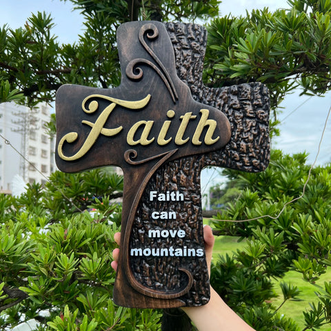 Beech solid wood carved faith wood cross decoration, spiritual wall sign, christian tabletop sign, inspirational minimalism