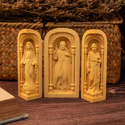 Catholic holy relics three open box handicraft ornaments wood carving prayer altar Virgin Mary Jesus Christ saint statue