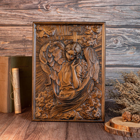 Christian Archangel Chamuel wood carving, mural art, religious figure, wooden icon, living room decoration, gift for women