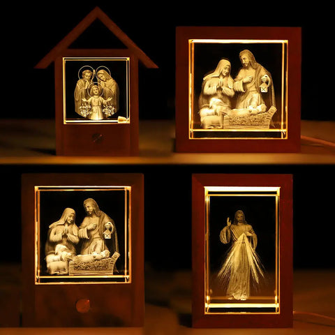 Crystal Carved 3D Jesus Cross Wooden Home Decoration Holy Family Nightlight USB Catholic Church Decor