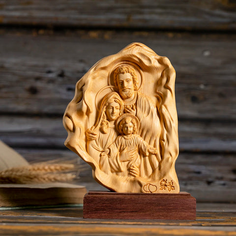 Holy Family Statue St. Joseph, Jesus and Mary Catholic Statue, Hinoki Wood Carving Desktop Ornament Home Decor