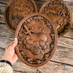 Holy Family Three Hearts Wall Decoration, Wood Carving, Sacred Heart of Jesus, Sacred Heart of Mary, Heart of Joseph