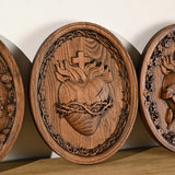 Holy Family Three Hearts Wall Decoration, Wood Carving, Sacred Heart of Jesus, Sacred Heart of Mary, Heart of Joseph