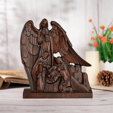 Holy Family with Guardian Angel Statue, Baby Jesus Nativity Ornament Home Decor, Catholic Religious Statue, Christian Icon Wood