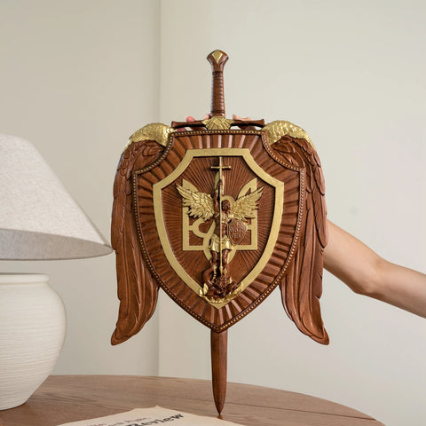 Holy Sword Archangel Michael Shield Wood Carving Christian Wall Hanging Decoration Wooden Icon Art Free Shipping