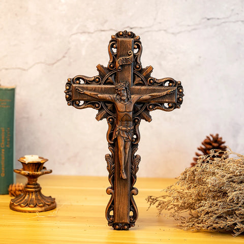 Jesus Christ crucified, wooden cross with baptismal statue, catholic cross, wall cross, religious saint image