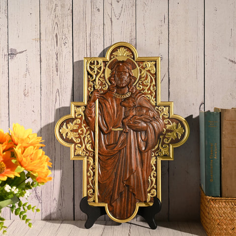 Jesus Shepherd Icon Sculpture Plaque Catholic Saints Image Faith Christian Home Wall Decor Wood Carving Gift