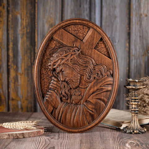 Jesus carrying the cross, Catholic religious figure, wooden icon, relief sculpture, handicraft, Christian home and decoration