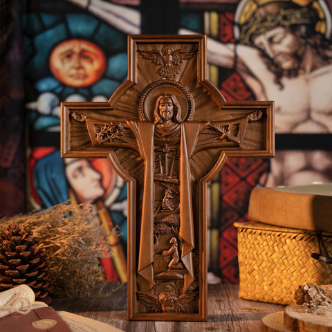 Jesus statue, Easter catholic cross, interior wall decoration, Christian wooden cross crafts, religious baptismal gift