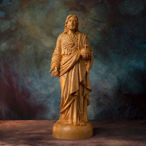 Jesus statue, Sacred Heart prayer, boxwood wood carving, religious catholic saint image, Christian altar decoration, sculpture