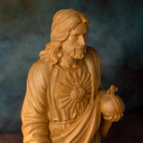 Jesus statue, Sacred Heart prayer, boxwood wood carving, religious catholic saint image, Christian altar decoration, sculpture