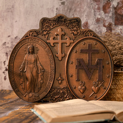 Miracle Medal Wood Carving Decoration Our Lady of Grace Medal Our Lady Wooden Plaque Catholic Glory Mary Statue Christian Gift