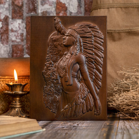 Native American home wall decor, woman and wolf, mural art, wooden sculpture plaque, living room decoration