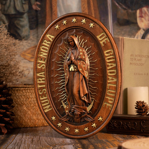 Our Lady of Guadalupe, Virgin Mary statue, catholic religious figure, wood carving wall decoration, catholic statue, gift
