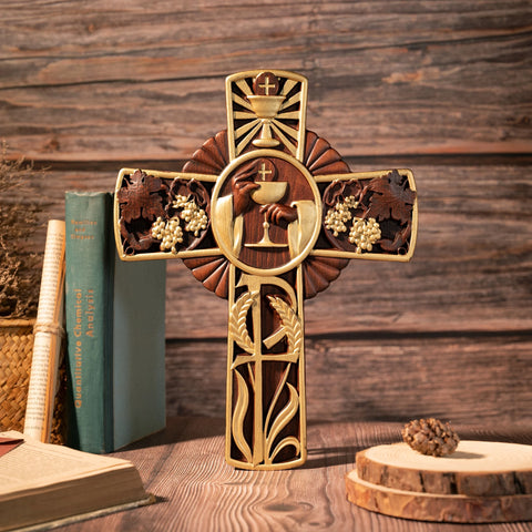 Religious communion cross, Christian decoration for indoor wall hanging, wood carved cross, priest's cross, communion gift